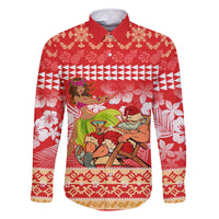 Hawaii Mele Kalikimaka Family Matching Off Shoulder Maxi Dress and Hawaiian Shirt Santa Claus and Hula Dancing Merry Christmas LT9 Dad's Shirt - Long Sleeve Red - Polynesian Pride
