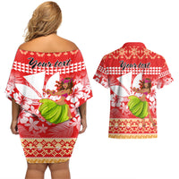Personalised Hawaii Mele Kalikimaka Couples Matching Off Shoulder Short Dress and Hawaiian Shirt Santa Claus and Hula Dancing Merry Christmas LT9 - Polynesian Pride