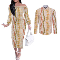 Hawaiian Ohia Lehua Lei Couples Matching Off The Shoulder Long Sleeve Dress and Long Sleeve Button Shirt Plaid Palaka Ahiehie Pattern - Polynesian Pride