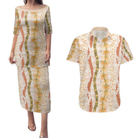 Hawaiian Ohia Lehua Lei Couples Matching Puletasi and Hawaiian Shirt Plaid Palaka Ahiehie Pattern LT9 Beige - Polynesian Pride