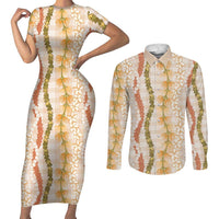 Hawaiian Ohia Lehua Lei Couples Matching Short Sleeve Bodycon Dress and Long Sleeve Button Shirt Plaid Palaka Ahiehie Pattern - Polynesian Pride