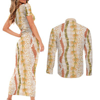 Hawaiian Ohia Lehua Lei Couples Matching Short Sleeve Bodycon Dress and Long Sleeve Button Shirt Plaid Palaka Ahiehie Pattern - Polynesian Pride