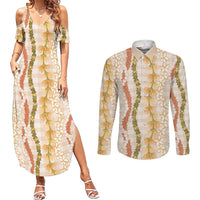 Hawaiian Ohia Lehua Lei Couples Matching Summer Maxi Dress and Long Sleeve Button Shirt Plaid Palaka Ahiehie Pattern LT9 Beige - Polynesian Pride