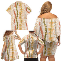 Hawaiian Ohia Lehua Lei Family Matching Off Shoulder Short Dress and Hawaiian Shirt Plaid Palaka Ahiehie Pattern - Polynesian Pride