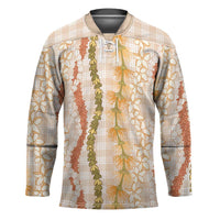 Hawaiian Ohia Lehua Lei Hockey Jersey Plaid Palaka Ahiehie Pattern LT9 Unisex Beige - Polynesian Pride