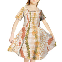 Hawaiian Ohia Lehua Lei Kid Short Sleeve Dress Plaid Palaka Ahiehie Pattern LT9 - Polynesian Pride