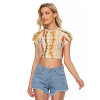 Hawaiian Ohia Lehua Lei Raglan Cropped T Shirt Plaid Palaka Ahiehie Pattern LT9 Female Beige - Polynesian Pride