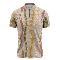 Hawaiian Ohia Lehua Lei Zipper Polo Shirt Plaid Palaka Ahiehie Pattern LT9 Beige - Polynesian Pride