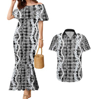 Hawaiian Ohia Lehua Lei Couples Matching Mermaid Dress and Hawaiian Shirt Plaid Palaka Eleele Pattern LT9 Black - Polynesian Pride