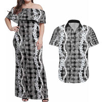 Hawaiian Ohia Lehua Lei Couples Matching Off Shoulder Maxi Dress and Hawaiian Shirt Plaid Palaka Eleele Pattern - Polynesian Pride