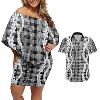 Hawaiian Ohia Lehua Lei Couples Matching Off Shoulder Short Dress and Hawaiian Shirt Plaid Palaka Eleele Pattern - Polynesian Pride