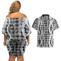 Hawaiian Ohia Lehua Lei Couples Matching Off Shoulder Short Dress and Hawaiian Shirt Plaid Palaka Eleele Pattern - Polynesian Pride