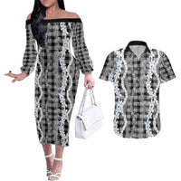 Hawaiian Ohia Lehua Lei Couples Matching Off The Shoulder Long Sleeve Dress and Hawaiian Shirt Plaid Palaka Eleele Pattern LT9 Black - Polynesian Pride