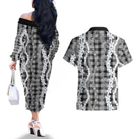Hawaiian Ohia Lehua Lei Couples Matching Off The Shoulder Long Sleeve Dress and Hawaiian Shirt Plaid Palaka Eleele Pattern LT9 - Polynesian Pride