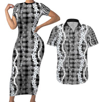 Hawaiian Ohia Lehua Lei Couples Matching Short Sleeve Bodycon Dress and Hawaiian Shirt Plaid Palaka Eleele Pattern LT9 Black - Polynesian Pride
