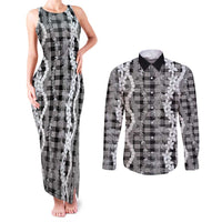 Hawaiian Ohia Lehua Lei Couples Matching Tank Maxi Dress and Long Sleeve Button Shirt Plaid Palaka Eleele Pattern - Polynesian Pride