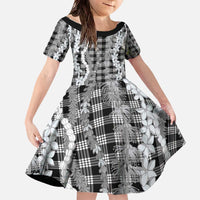 Hawaiian Ohia Lehua Lei Family Matching Off The Shoulder Long Sleeve Dress and Hawaiian Shirt Plaid Palaka Eleele Pattern - Polynesian Pride