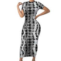 Hawaiian Ohia Lehua Lei Family Matching Short Sleeve Bodycon Dress and Hawaiian Shirt Plaid Palaka Eleele Pattern - Polynesian Pride