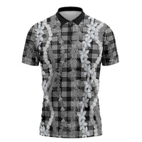 Hawaiian Ohia Lehua Lei Zipper Polo Shirt Plaid Palaka Eleele Pattern - Polynesian Pride