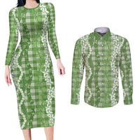 Hawaiian Ohia Lehua Lei Couples Matching Long Sleeve Bodycon Dress and Long Sleeve Button Shirt Plaid Palaka Omaomao Pattern - Polynesian Pride
