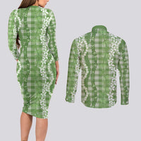 Hawaiian Ohia Lehua Lei Couples Matching Long Sleeve Bodycon Dress and Long Sleeve Button Shirt Plaid Palaka Omaomao Pattern - Polynesian Pride