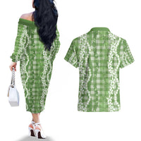 Hawaiian Ohia Lehua Lei Couples Matching Off The Shoulder Long Sleeve Dress and Hawaiian Shirt Plaid Palaka Omaomao Pattern - Polynesian Pride