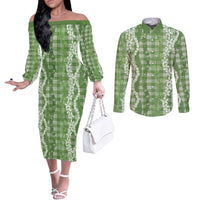 Hawaiian Ohia Lehua Lei Couples Matching Off The Shoulder Long Sleeve Dress and Long Sleeve Button Shirt Plaid Palaka Omaomao Pattern - Polynesian Pride