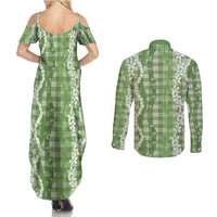 Hawaiian Ohia Lehua Lei Couples Matching Summer Maxi Dress and Long Sleeve Button Shirt Plaid Palaka Omaomao Pattern - Polynesian Pride