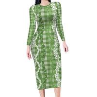 Hawaiian Ohia Lehua Lei Family Matching Long Sleeve Bodycon Dress and Hawaiian Shirt Plaid Palaka Omaomao Pattern - Polynesian Pride