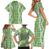 Hawaiian Ohia Lehua Lei Family Matching Short Sleeve Bodycon Dress and Hawaiian Shirt Plaid Palaka Omaomao Pattern - Polynesian Pride