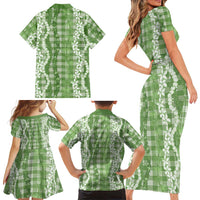 Hawaiian Ohia Lehua Lei Family Matching Short Sleeve Bodycon Dress and Hawaiian Shirt Plaid Palaka Omaomao Pattern - Polynesian Pride