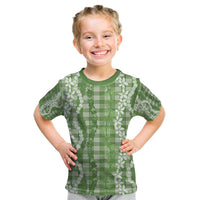 Hawaiian Ohia Lehua Lei Kid T Shirt Plaid Palaka Omaomao Pattern LT9 Green - Polynesian Pride