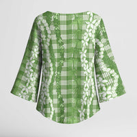 Hawaiian Ohia Lehua Lei Kimono Sleeve Blouse Plaid Palaka Omaomao Pattern - Polynesian Pride