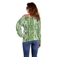 Hawaiian Ohia Lehua Lei Off Shoulder Sweater Plaid Palaka Omaomao Pattern - Polynesian Pride