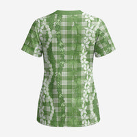 Hawaiian Ohia Lehua Lei Scrub Top Plaid Palaka Omaomao Pattern - Polynesian Pride