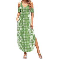 Hawaiian Ohia Lehua Lei Summer Maxi Dress Plaid Palaka Omaomao Pattern LT9 Women Green - Polynesian Pride