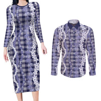 Hawaiian Ohia Lehua Lei Couples Matching Long Sleeve Bodycon Dress and Long Sleeve Button Shirt Plaid Palaka Uliuli hohonu Pattern - Polynesian Pride