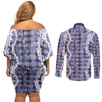 Hawaiian Ohia Lehua Lei Couples Matching Off Shoulder Short Dress and Long Sleeve Button Shirt Plaid Palaka Uliuli hohonu Pattern - Polynesian Pride