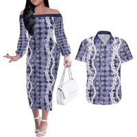 Hawaiian Ohia Lehua Lei Couples Matching Off The Shoulder Long Sleeve Dress and Hawaiian Shirt Plaid Palaka Uliuli hohonu Pattern - Polynesian Pride
