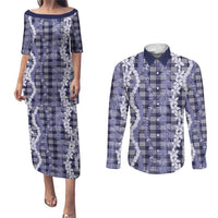 Hawaiian Ohia Lehua Lei Couples Matching Puletasi and Long Sleeve Button Shirt Plaid Palaka Uliuli hohonu Pattern LT9 Navy - Polynesian Pride