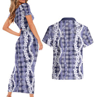 Hawaiian Ohia Lehua Lei Couples Matching Short Sleeve Bodycon Dress and Hawaiian Shirt Plaid Palaka Uliuli hohonu Pattern - Polynesian Pride
