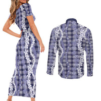 Hawaiian Ohia Lehua Lei Couples Matching Short Sleeve Bodycon Dress and Long Sleeve Button Shirt Plaid Palaka Uliuli hohonu Pattern - Polynesian Pride