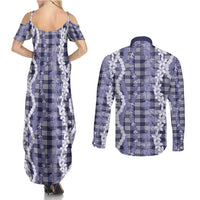 Hawaiian Ohia Lehua Lei Couples Matching Summer Maxi Dress and Long Sleeve Button Shirt Plaid Palaka Uliuli hohonu Pattern - Polynesian Pride