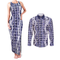 Hawaiian Ohia Lehua Lei Couples Matching Tank Maxi Dress and Long Sleeve Button Shirt Plaid Palaka Uliuli hohonu Pattern - Polynesian Pride
