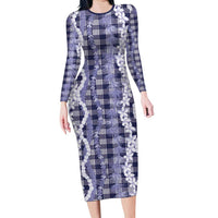 Hawaiian Ohia Lehua Lei Family Matching Long Sleeve Bodycon Dress and Hawaiian Shirt Plaid Palaka Uliuli hohonu Pattern - Polynesian Pride