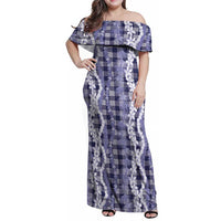 Hawaiian Ohia Lehua Lei Family Matching Off Shoulder Maxi Dress and Hawaiian Shirt Plaid Palaka Uliuli hohonu Pattern - Polynesian Pride