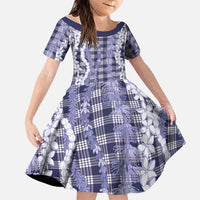 Hawaiian Ohia Lehua Lei Family Matching Off Shoulder Short Dress and Hawaiian Shirt Plaid Palaka Uliuli hohonu Pattern - Polynesian Pride