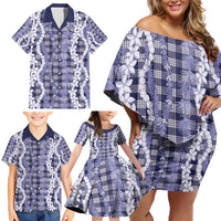 Hawaiian Ohia Lehua Lei Family Matching Off Shoulder Short Dress and Hawaiian Shirt Plaid Palaka Uliuli hohonu Pattern - Polynesian Pride