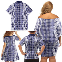 Hawaiian Ohia Lehua Lei Family Matching Off Shoulder Short Dress and Hawaiian Shirt Plaid Palaka Uliuli hohonu Pattern - Polynesian Pride