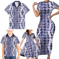Hawaiian Ohia Lehua Lei Family Matching Short Sleeve Bodycon Dress and Hawaiian Shirt Plaid Palaka Uliuli hohonu Pattern - Polynesian Pride